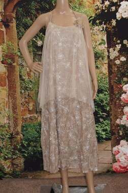 DEAT Tan with Floral Embroidery and Sequins Midi Dress size M (See measurements)